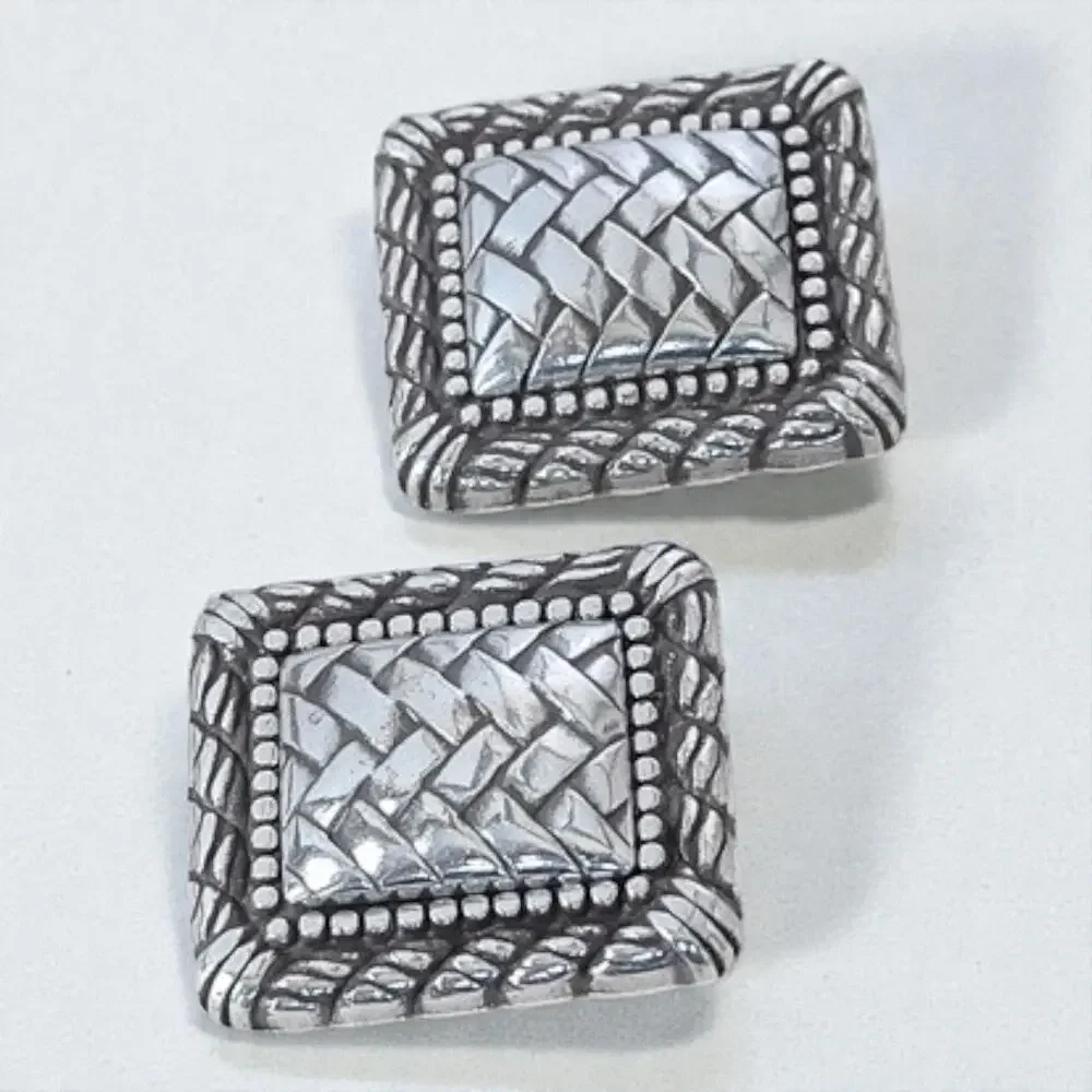 Brighton Vintage Rectangular Woven Clip On Earrings Silver Plated Retired